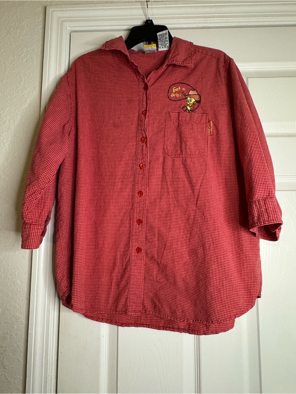Relaxed Red Checked Button-Down Shirt with Embroidered Detail